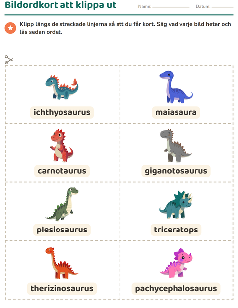 Förhandsvisning av Bildordkort-arbetsblad med Dinosaurier för Förskoleklass