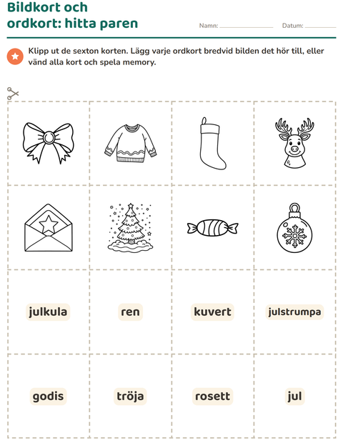 Förhandsvisning av Bildordkort-arbetsblad med Jul S/V för Förskoleklass