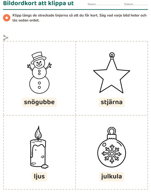Förhandsvisning av Bildordkort-arbetsblad med Jul S/V för Förskoleklass