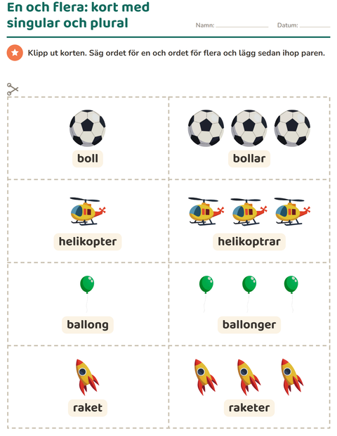En och flera – kort med singular och plural – leksaker