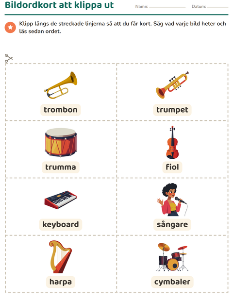 Förhandsvisning av Bildordkort-arbetsblad med Musik för Förskoleklass