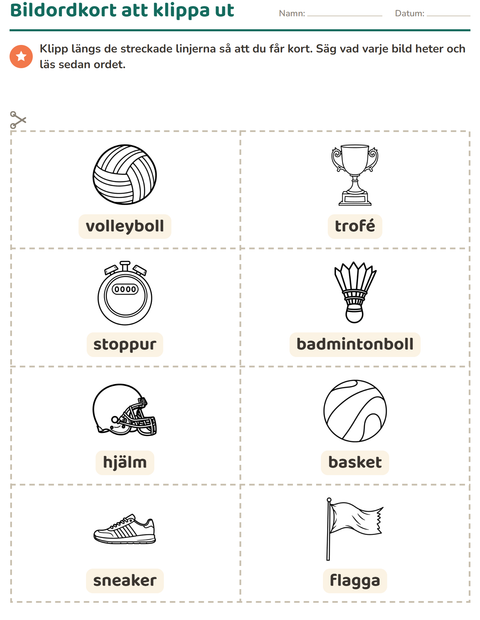 Förhandsvisning av Bildordkort-arbetsblad med Sport SV 2 för Förskoleklass
