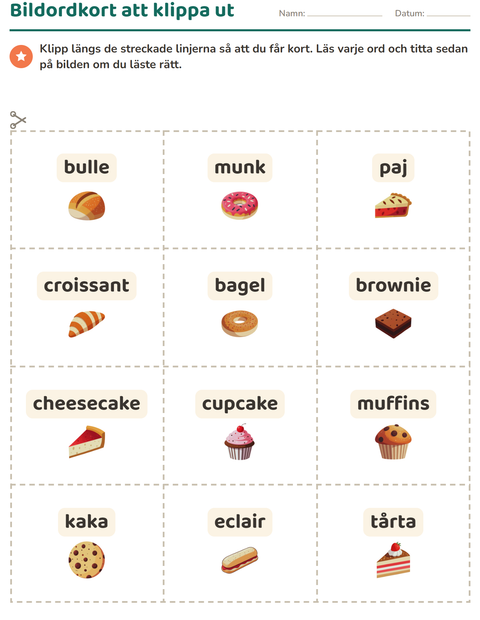 Förhandsvisning av Bildordkort-arbetsblad med Bageri för Förskoleklass