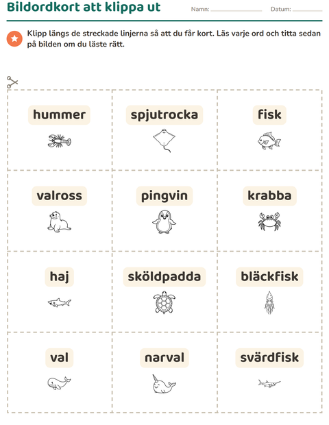 Förhandsvisning av Bildordkort-arbetsblad med Havsliv SV för Förskoleklass