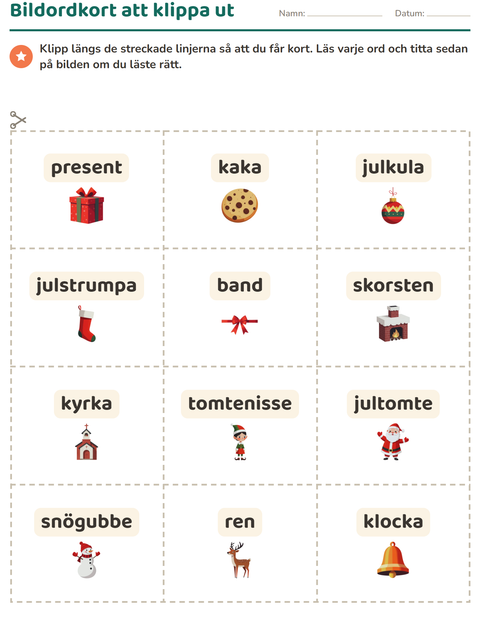 Förhandsvisning av Bildordkort-arbetsblad med Jul för Förskoleklass