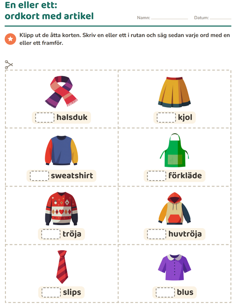 Förhandsvisning av Bildordkort-arbetsblad med Kläder för Förskoleklass