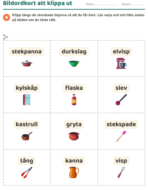 Förhandsvisning av Bildordkort-arbetsblad med Köksredskap för Förskoleklass