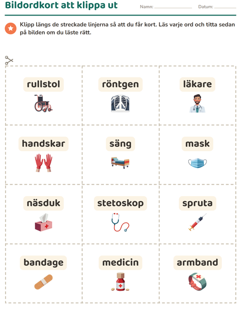 Förhandsvisning av Bildordkort-arbetsblad med Sjukhus för Förskoleklass