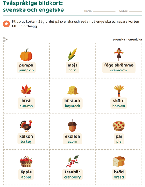 Förhandsvisning av Bildordkort-arbetsblad med Thanksgiving för Förskoleklass