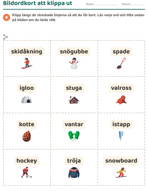 Förhandsvisning av Bildordkort-arbetsblad med Vinter för Förskoleklass