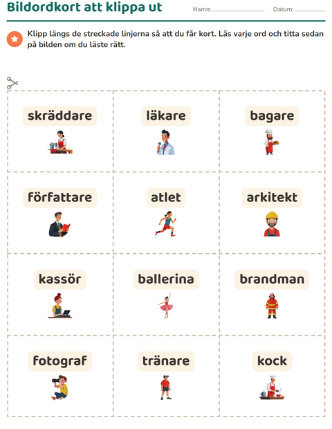 Förhandsvisning av Bildordkort-arbetsblad med Yrken för Förskoleklass