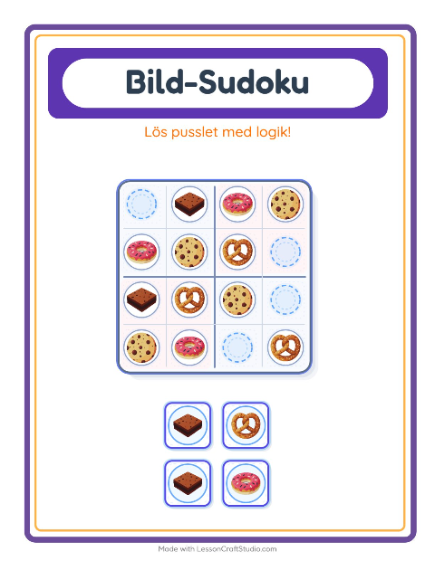 Förhandsvisning av Bildsudoku med bakverk – arbetsblad för förskolan