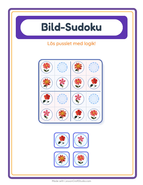 Förhandsvisning av Bildsudoku-arbetsblad med Blommor för Förskoleklass