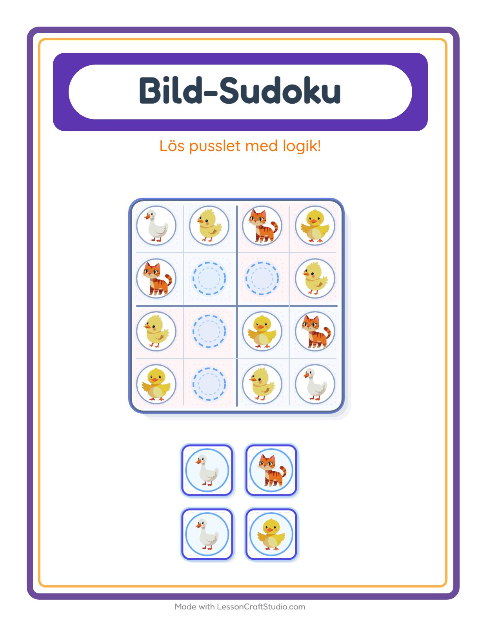 Förhandsvisning av Bildsudoku med djur – arbetsblad för förskolan