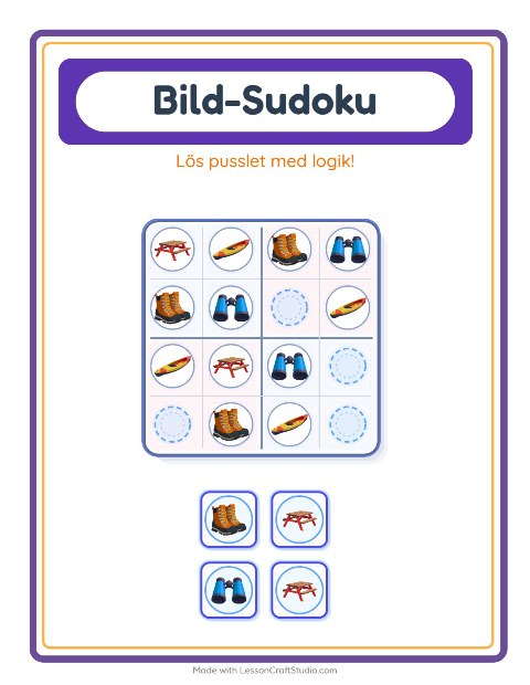 Förhandsvisning av Bildsudoku med tält – arbetsblad för förskolan