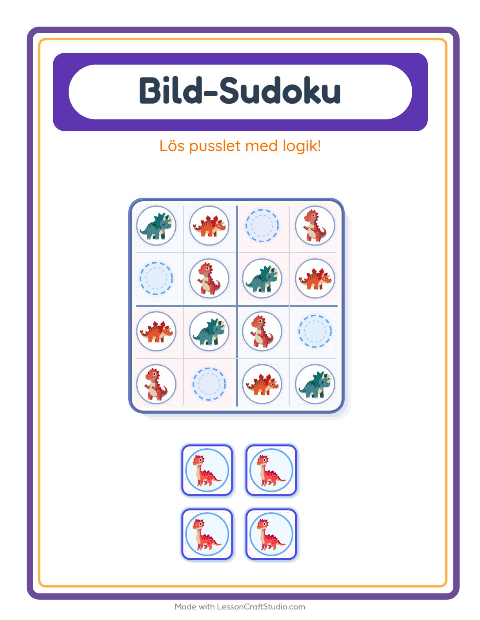 Förhandsvisning av Bildsudoku-arbetsblad med Dinosaurier för Förskoleklass