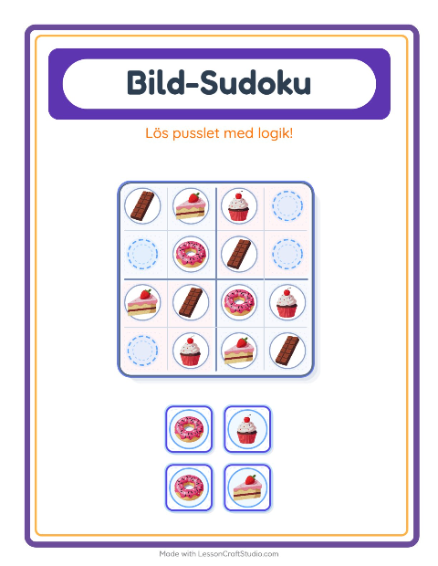 Förhandsvisning av Bildsudoku-arbetsblad med Efterrätter och godis för Förskoleklass