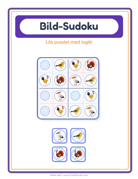 Förhandsvisning av Bildsudoku-arbetsblad med Fåglar 2 för Förskoleklass