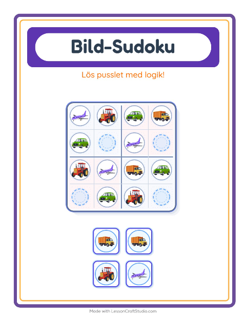 Förhandsvisning av Bildsudoku-arbetsblad med Fordon för Förskoleklass