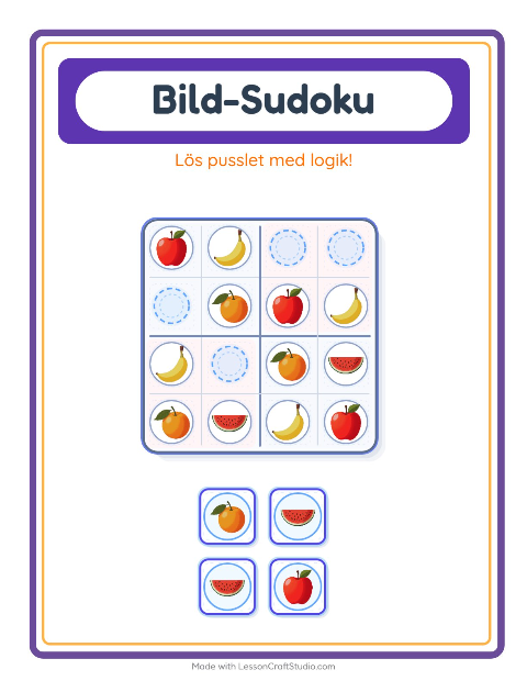 Förhandsvisning av Bildsudoku med frukter – arbetsblad för förskolan