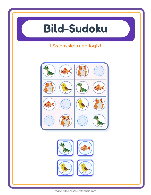 Förhandsvisning av Bildsudoku-arbetsblad med Husdjur för Förskoleklass