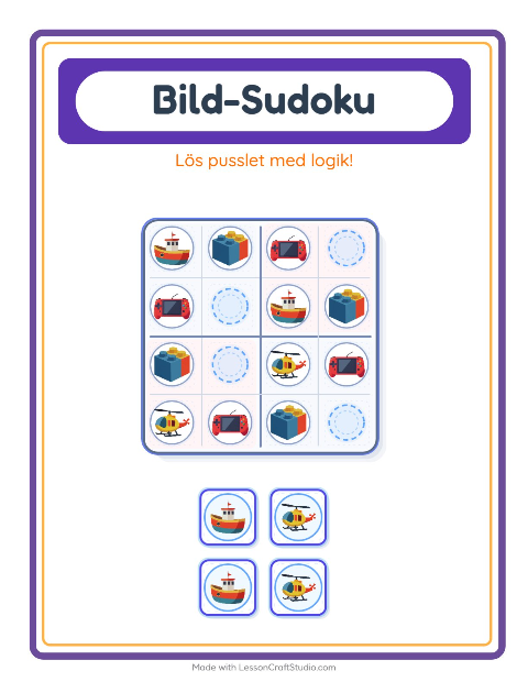 Förhandsvisning av Bildsudoku-arbetsblad med Leksaker för Förskoleklass