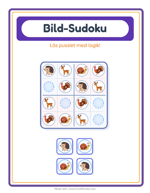 Förhandsvisning av Bildsudoku-arbetsblad med Skogsdjur för Förskoleklass