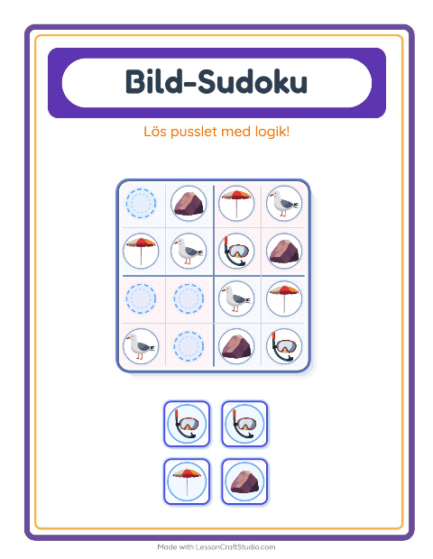 Förhandsvisning av Bildsudoku-arbetsblad med Strand för Förskoleklass