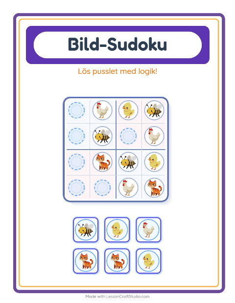 Förhandsvisning av Bildsudoku (medel) med djur – arbetsblad för förskolan