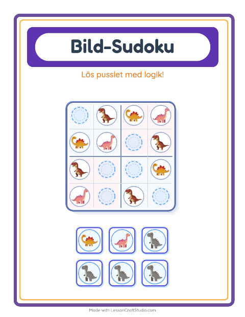 Förhandsvisning av Bildsudoku-arbetsblad med Dinosaurier för Förskoleklass