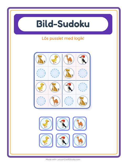 Förhandsvisning av Bildsudoku (medel) med djur – arbetsblad för förskolan