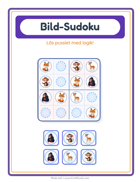 Förhandsvisning av Bildsudoku-arbetsblad med Djurparksdjur för Förskoleklass