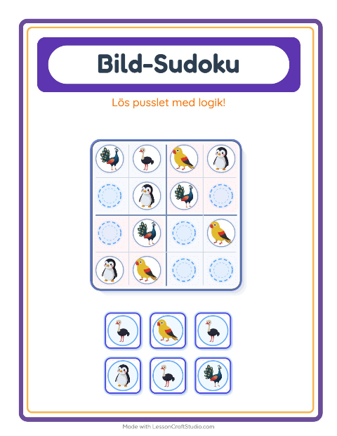 Förhandsvisning av Bildsudoku-arbetsblad med Fåglar för Förskoleklass