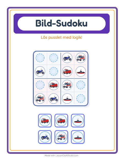 Förhandsvisning av Bildsudoku (medel) med fordon – arbetsblad för förskolan