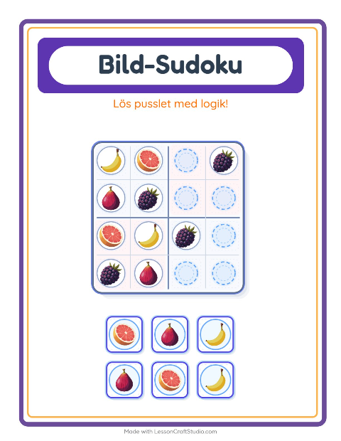 Förhandsvisning av Bildsudoku (medel) med frukter – arbetsblad för förskolan