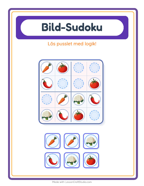 Förhandsvisning av Bildsudoku-arbetsblad med Grönsaker för Förskoleklass