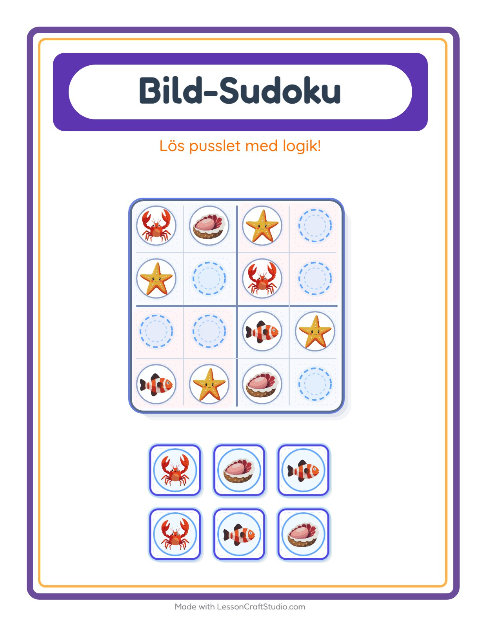 Förhandsvisning av Bildsudoku-arbetsblad med Havsliv för Förskoleklass