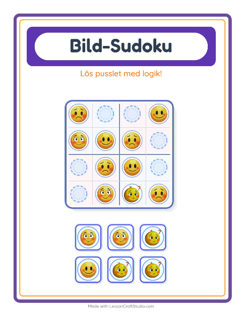 Förhandsvisning av Bildsudoku-arbetsblad med Känslor för Förskoleklass
