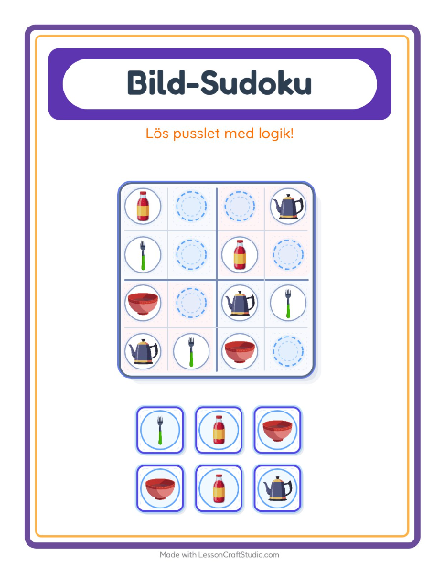 Förhandsvisning av Bildsudoku (medel) med redskap – arbetsblad för förskolan