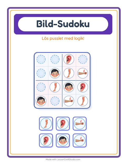 Förhandsvisning av Bildsudoku-arbetsblad med Kroppsdelar för Förskoleklass