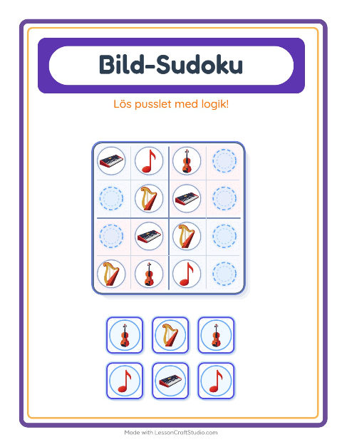 Förhandsvisning av Bildsudoku-arbetsblad med Musik för Förskoleklass