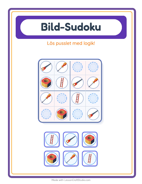 Förhandsvisning av Bildsudoku-arbetsblad med Verktyg för Förskoleklass