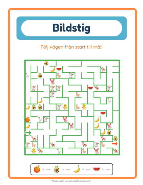 Förhandsvisning av Ta dig genom labyrinten med frukter – arbetsblad för förskolan