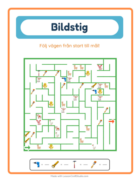 Förhandsvisning av Bildväg-arbetsblad med Verktyg för Förskoleklass
