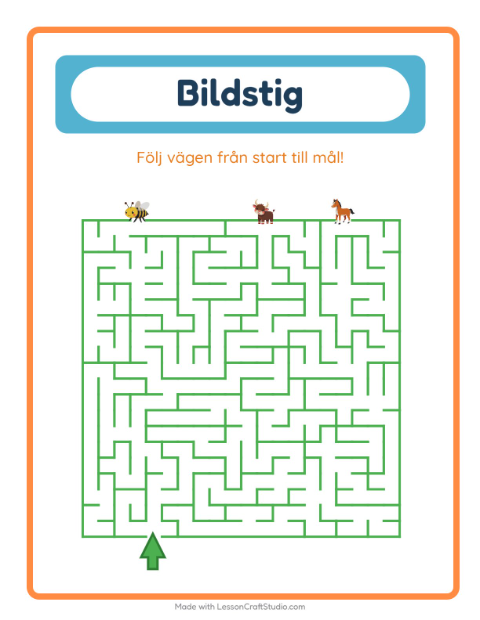 Förhandsvisning av Bildväg-arbetsblad med Bondgårdsdjur för Förskoleklass