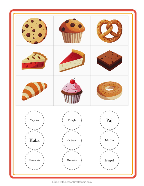 Förhandsvisning av Bingo-arbetsblad med Bageri för Förskoleklass