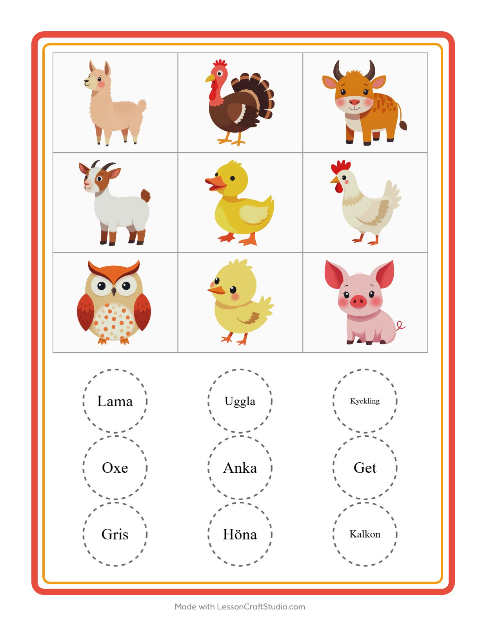Bildbingo med djur – arbetsblad för förskolan — 2