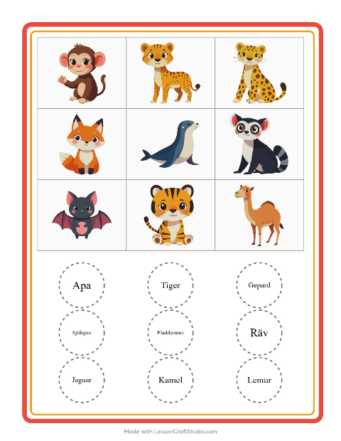 Bildbingo med djur – arbetsblad för förskolan — 2