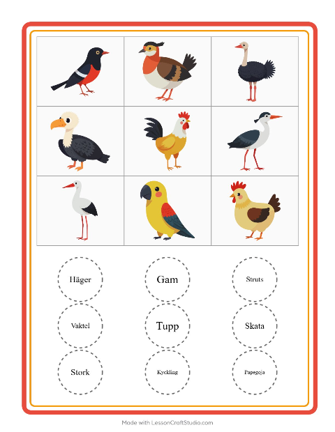 Bildbingo med fåglar – arbetsblad för förskolan — 2