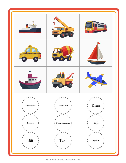 Bildbingo med fordon – arbetsblad för förskolan — 2